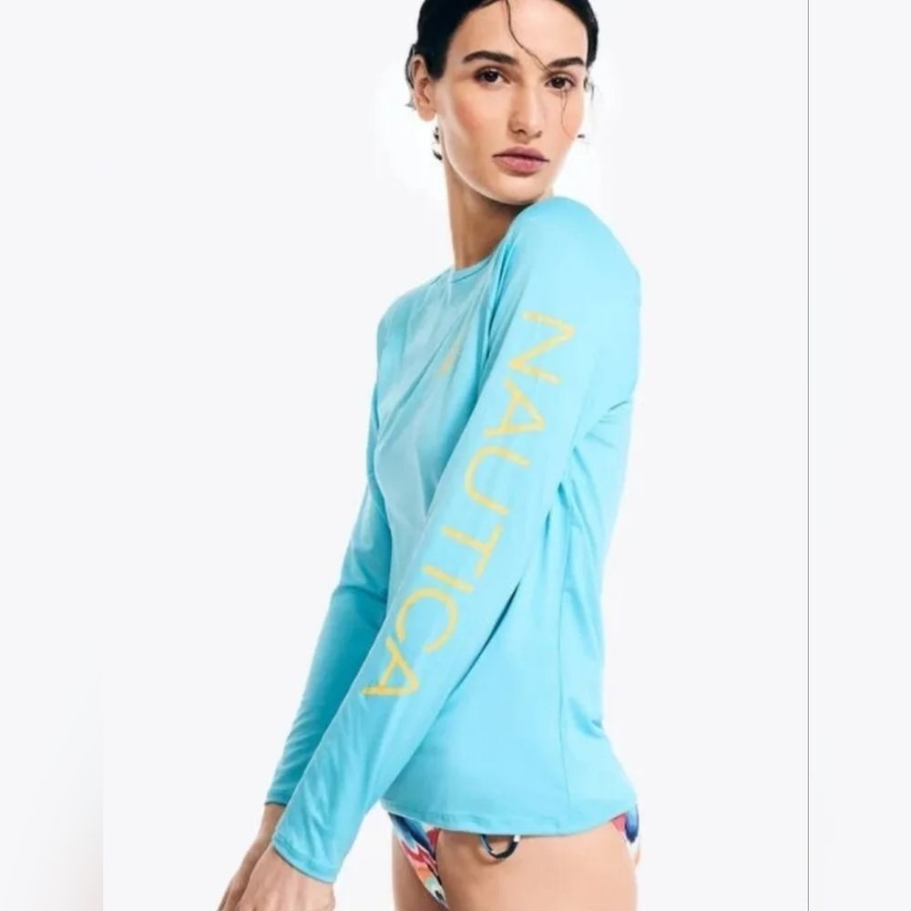 Nautica Teal Logo Swim Rashguard Rash Guard Sun Top Long Sleeve UPF Women's L
